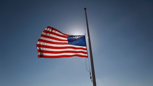 A flag flies at half staff at the Mt. Soledad National War Memorial on August 27, 2021 in La Jolla, California.