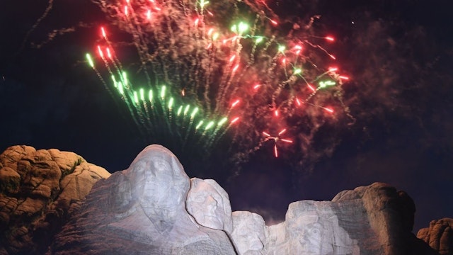 Fireworks explode above the Mount Rushmore National Monument during an Independence Day event attended by the US president in Keystone, South Dakota, July 3, 2020.