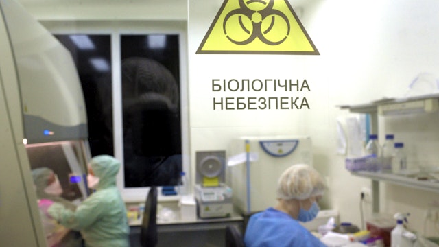 LVIV, UKRAINE - NOVEMBER 9, 2020 - The biohazard symbol is seen on the door to the bacteriological laboratory at the Lviv Regional Laboratory Centre of the State Sanitary and Epidemiological Service, Lviv, western Ukraine. The facility also performs COVID-19 tests.
