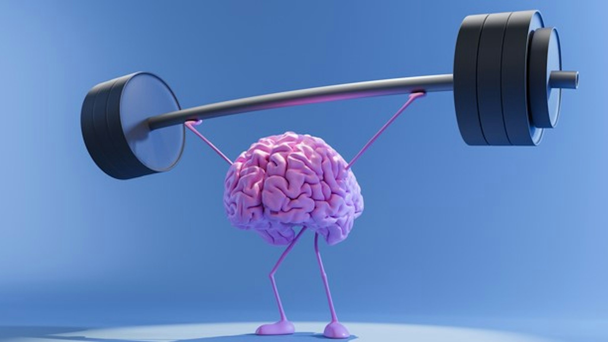 3D illustration of pink color human brain lifting heavy barbell. Training mind and mental health concept. Train your brain