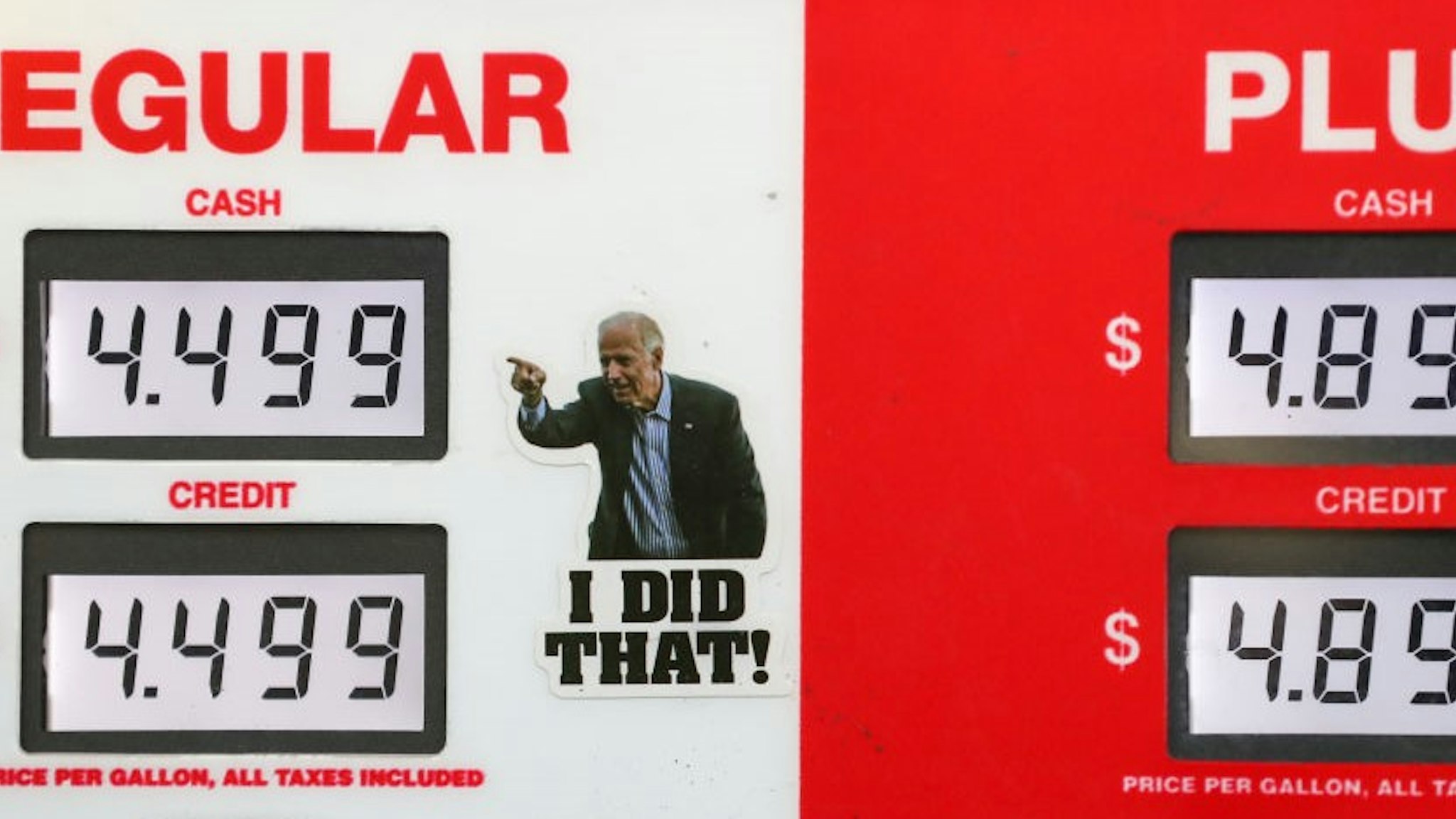 ELYSBURG, PENNSYLVANIA, UNITED STATES - 2022/03/08: A satirical sticker of US President Joe Biden is placed on a gas pump at a Turkey Hill station. AAA reported the national average price for a gallon of gas in the United States was a record high of $4.173. (Photo by