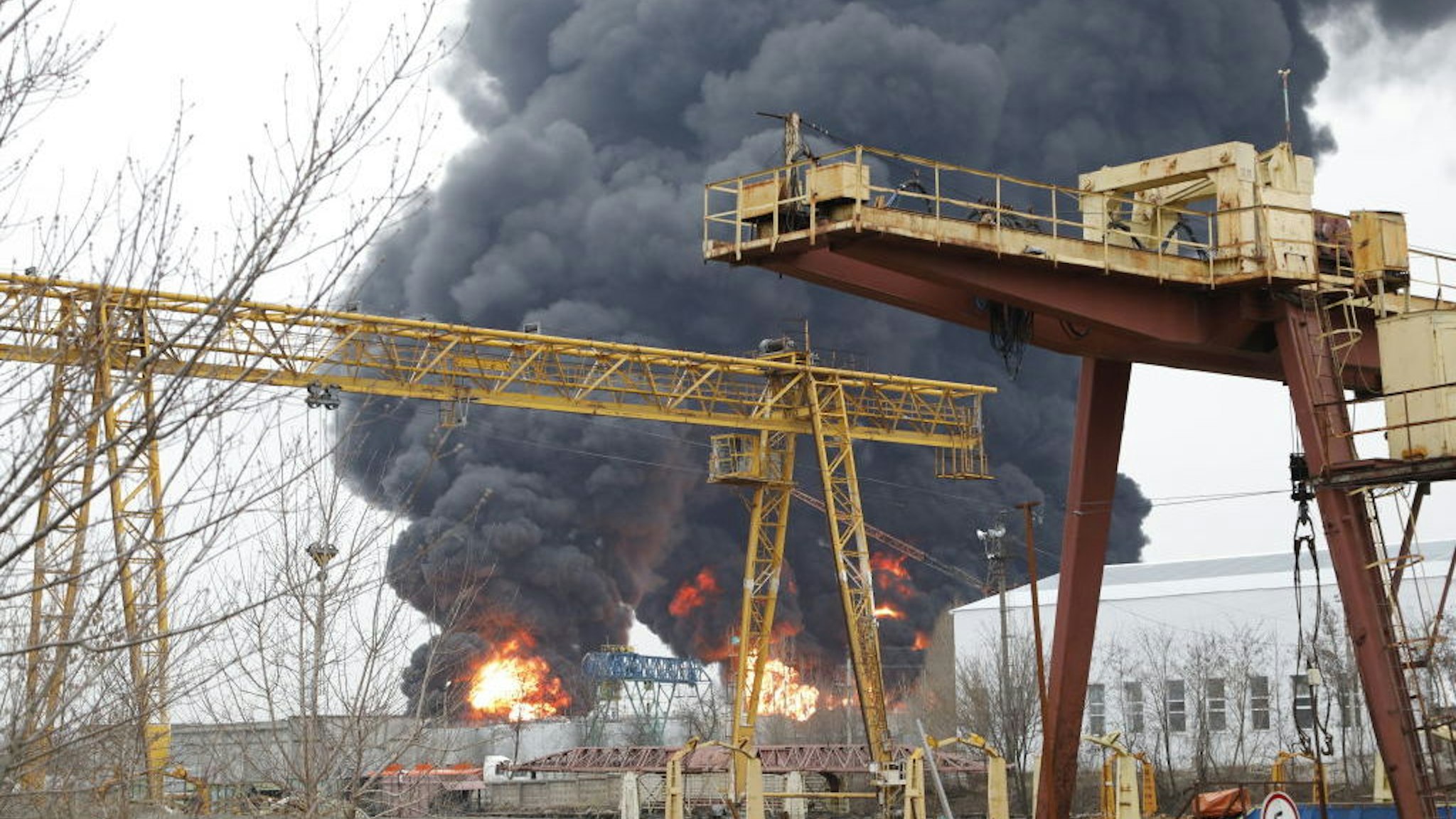 BELGOROD, RUSSIA - APRIL 1 : An image of damage after Regional Governor Vyacheslav Gladkov says that helicopters of the Ukrainian Army hit the oil refinery in Belgorod, Russia on April 1, 2022. (Photo by Stringer/Anadolu Agency via Getty Images)