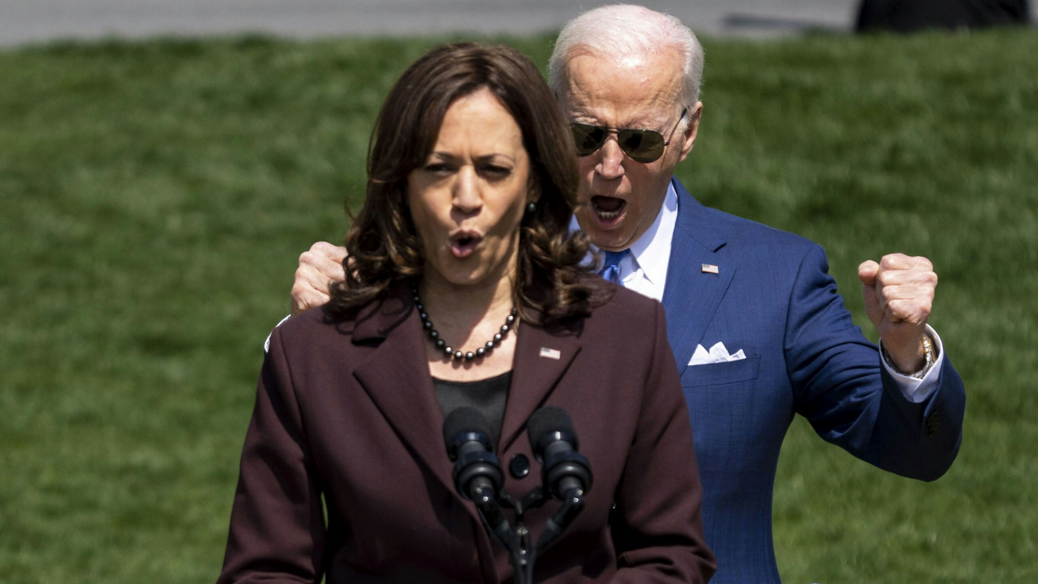 WASHINGTON, DC - APRIL 08: President Joe Biden, lets out a cheer as Vice President Kamala Harris speaks about Judge Ketanji Brown Jackson during an event on the South Lawn of the White House on April 08, 2022 in Washington, DC. Judge Jackson was confirmed yesterday to the Supreme Court of the United States making history as the first Black woman to join its ranks while leaving the ideological balance on the nation's highest court unchanged.