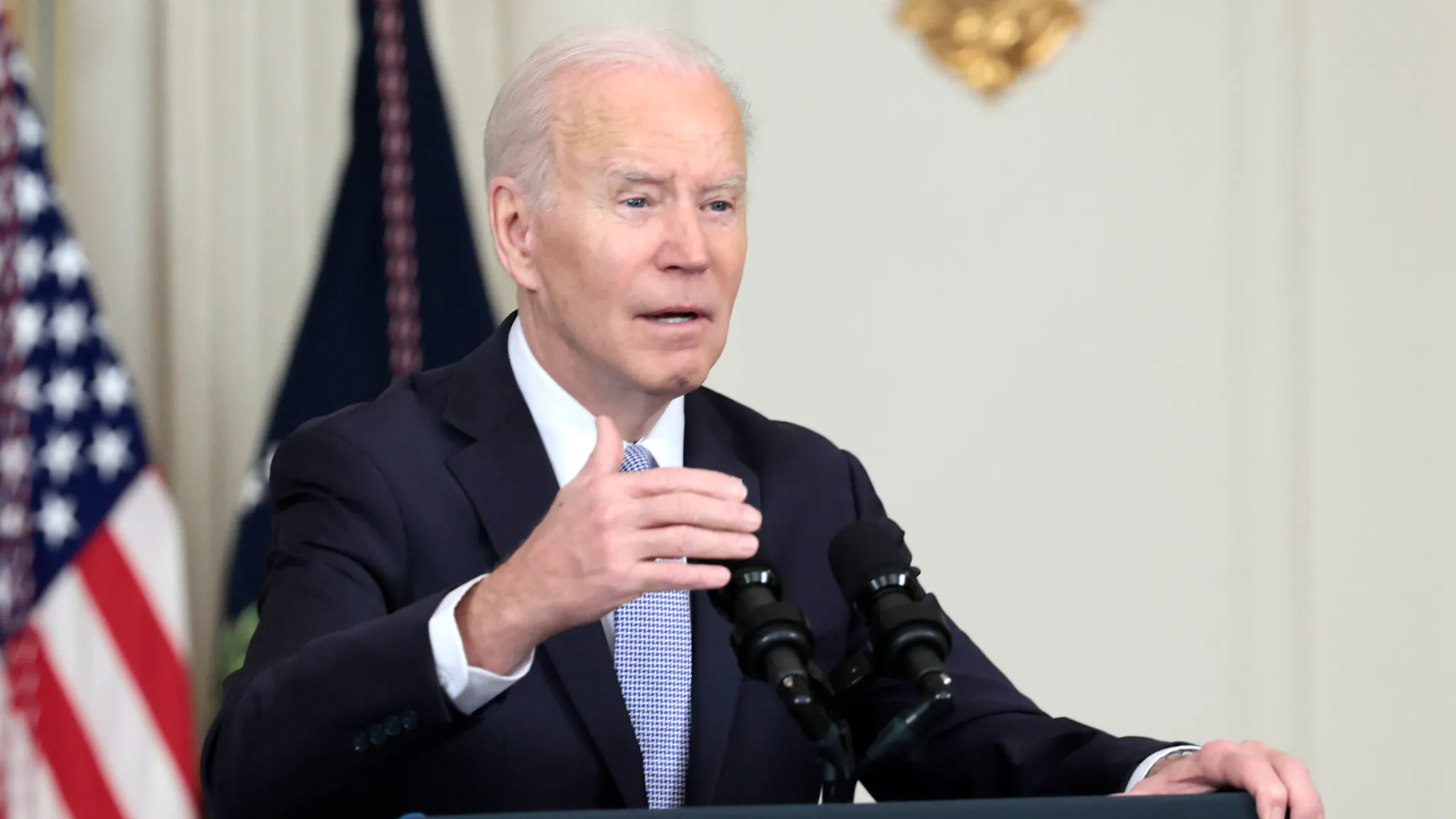 President Biden Delivers Remarks On The March Jobs Report WASHINGTON, DC - APRIL 01: U.S. President Joe Biden gestures as he delivers remarks on the jobs report for the month of March from the State Dining Room of the White House on April 01, 2022 in Washington, DC. The U.S. economy gained an additional 431,000 jobs in March and the unemployment rate fell to 3.6%.