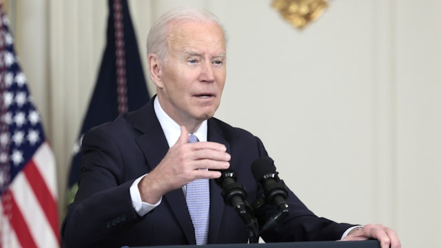 WASHINGTON, DC - APRIL 01: U.S. President Joe Biden gestures as he delivers remarks on the jobs report for the month of March from the State Dining Room of the White House on April 01, 2022 in Washington, DC. The U.S. economy gained an additional 431,000 jobs in March and the unemployment rate fell to 3.6%.