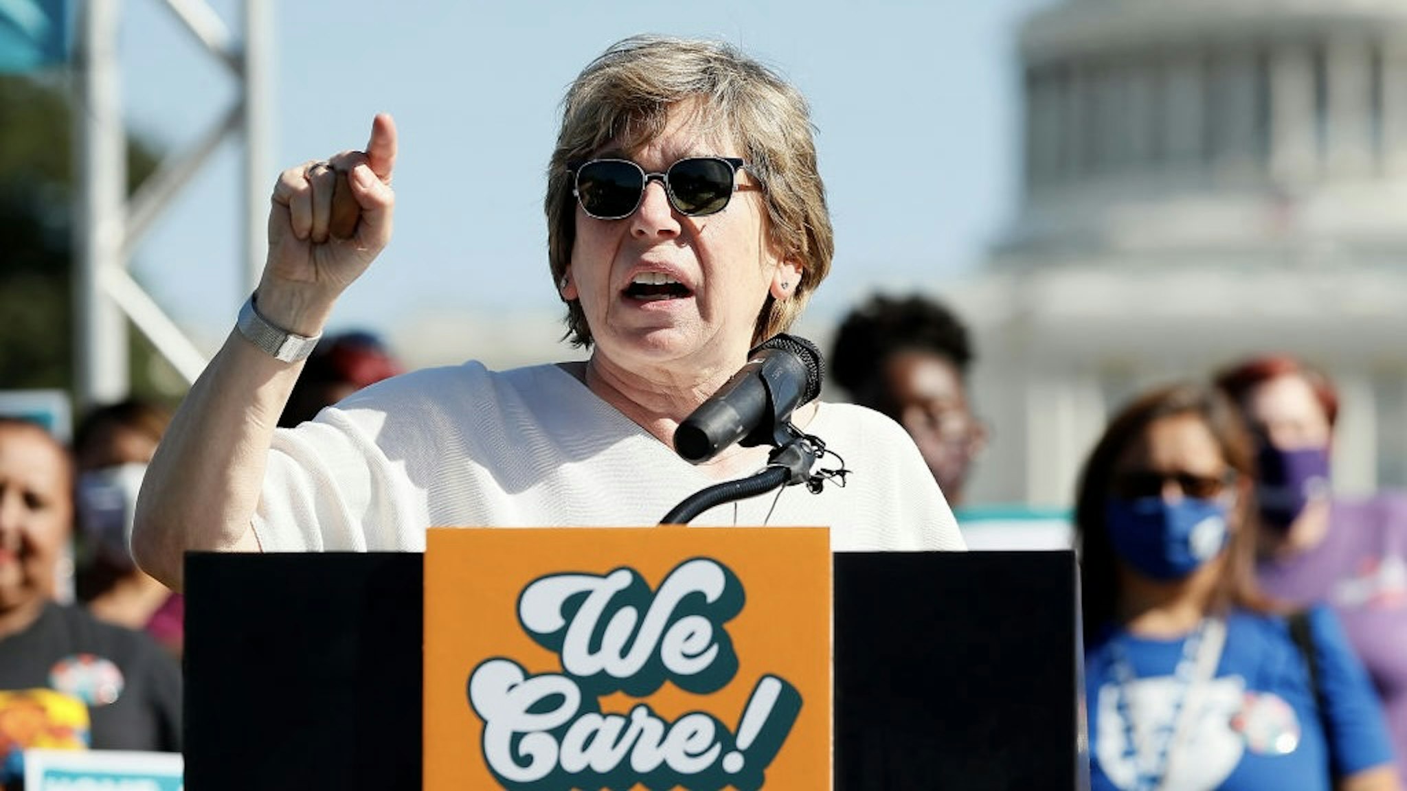 PowerUp & Build Back Better With Care WASHINGTON, DC - OCTOBER 21: Randi Weingarten, president of the American Federation of Teachers, along with members of Congress, parents and caregiving advocates hold a press conference supporting Build Back Better investments in home care, childcare, paid leave and expanded CTC payments in front of the U.S. Capitol Building on October 21, 2021 in Washington, DC. (Photo by Paul Morigi/Getty Images for MomsRising Together) Paul Morigi / Stringer