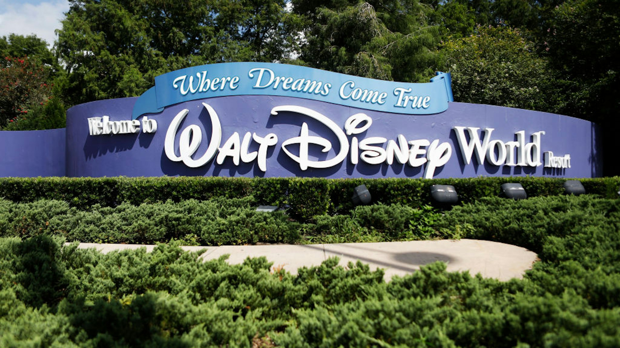 LAKE BUENA VISTA, FL - JULY 09: A view of the Walt Disney World theme park entrance on July 9, 2020 in Lake Buena Vista, Florida. The theme park is scheduled to reopen on Saturday despite a surge in new Covid-19 infections throughout Florida, including the central part of the state where Orlando is located.