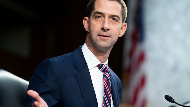 WASHINGTON, DC - SEPTEMBER 29: Sen. Tom Cotton (R-AR) speaks during the Senate Judiciary Committee hearing examining Texas's abortion law on Capitol Hill in Hart Senate Office Building on September 29, 2021 in Washington, DC. (Photo by Tom Williams-Pool/Getty Images)