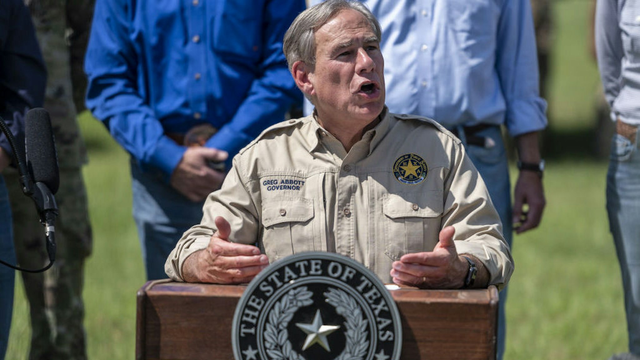 Greg Abbott, governor of Texas, speaks during a news conference in Mission, Texas, U.S., on Wednesday, Oct. 6, 2021.