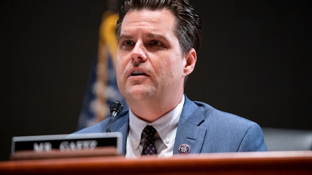 WASHINGTON, DC - OCTOBER 21: Rep. Matt Gaetz (R-FL) questions U.S. Attorney General Merrick Garland at a House Judiciary Committee hearing at the U.S. Capitol on October 21, 2021 in Washington, DC. Garland fielded many questions regarding first amendment issues related to school board meetings and efforts to prevent violence against public officials. (Photo by Greg Nash-Pool/Getty Images)