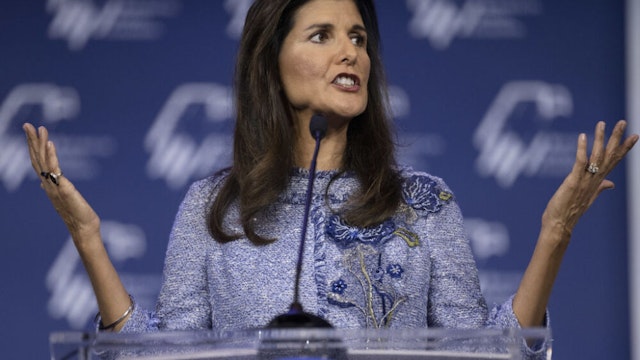 Nikki Haley, former ambassador to the United Nations, speaks during the Republican Jewish Coalition (RJC) Annual Leadership Meeting in Las Vegas, Nevada, U.S., on Saturday, Nov. 6, 2021. Following Tuesday's results, the National Republican Campaign Committee added 13 House Democrats to the list of 57 it was targeting for defeat in the midterm elections as the GOP seeks to erase Democrats five-seat margin in the House and control of the 50-50 Senate with Vice President Kamala Harris's vote.