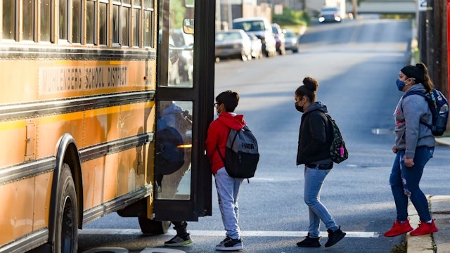 Muhlenberg twp., PA - October 20: The school bus stop on Masison Ave. at Jefferson Street in Muhlenberg Township Wednesday morning October 20, 2021. (Photo by Ben Hasty/MediaNews Group/Reading Eagle via Getty Images)