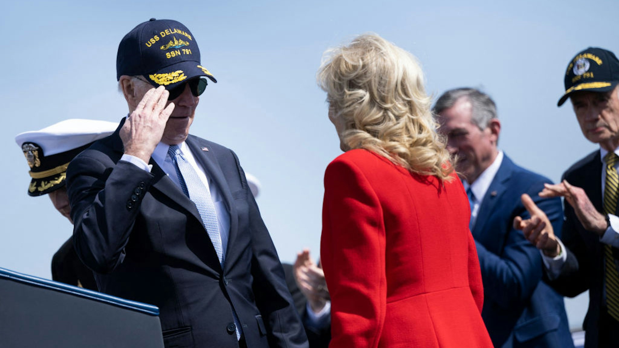 US President Joe Biden and First Lady Jill Biden attend the commissioning commemoration ceremony for the Virginia-Class submarine USS Delaware at the Port of Wilmington in Wilmington, Delaware, on April 2, 2022. (Photo by Brendan Smialowski / AFP) (Photo by BRENDAN SMIALOWSKI/AFP via Getty Images)