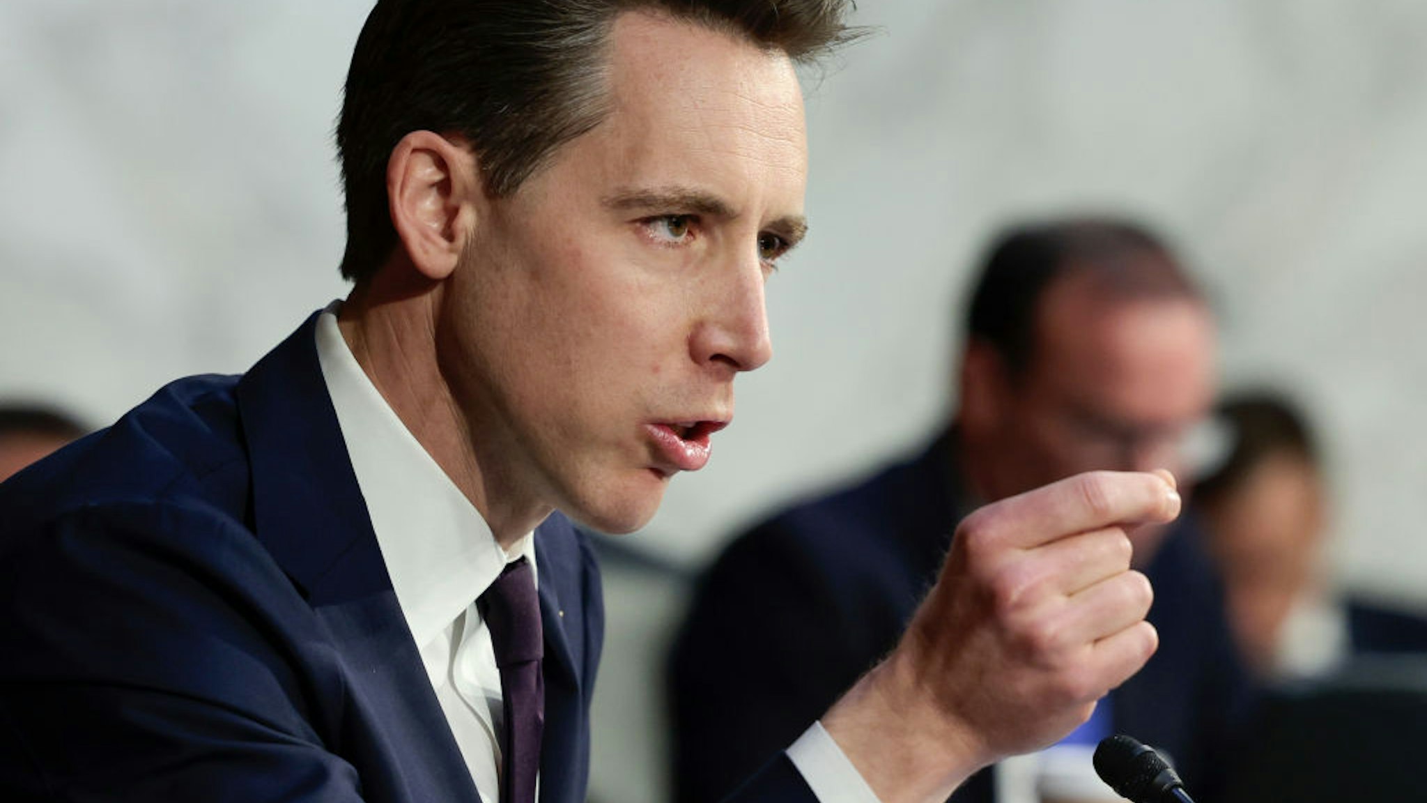 WASHINGTON, DC - APRIL 4: Sen. Josh Hawley (R-MO) speaks during a Senate Judiciary Committee business meeting to vote on Supreme Court nominee Judge Ketanji Brown Jackson on Capitol Hill, April 4, 2022 in Washington, DC. A confirmation vote from the full Senate will come later this week. (Photo by Anna Moneymaker/Getty Images).