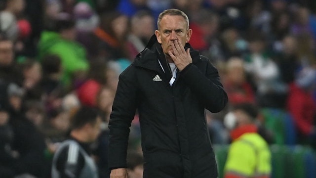 Belfast , United Kingdom - 12 April 2022; Northern Ireland manager Kenny Shiels during the FIFA Women's World Cup 2023 qualifier match between Northern Ireland and England at National Stadium at Windsor Park in Belfast. (Photo By Ramsey Cardy/Sportsfile via Getty Images)