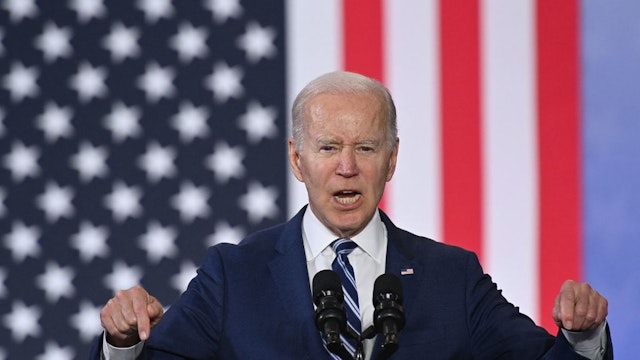 US President Joe Biden speaks at the Alumni-Foundation Event Center of North Carolina Agricultural and Technical State University in Greensboro, North Carolina on April 14, 2022.