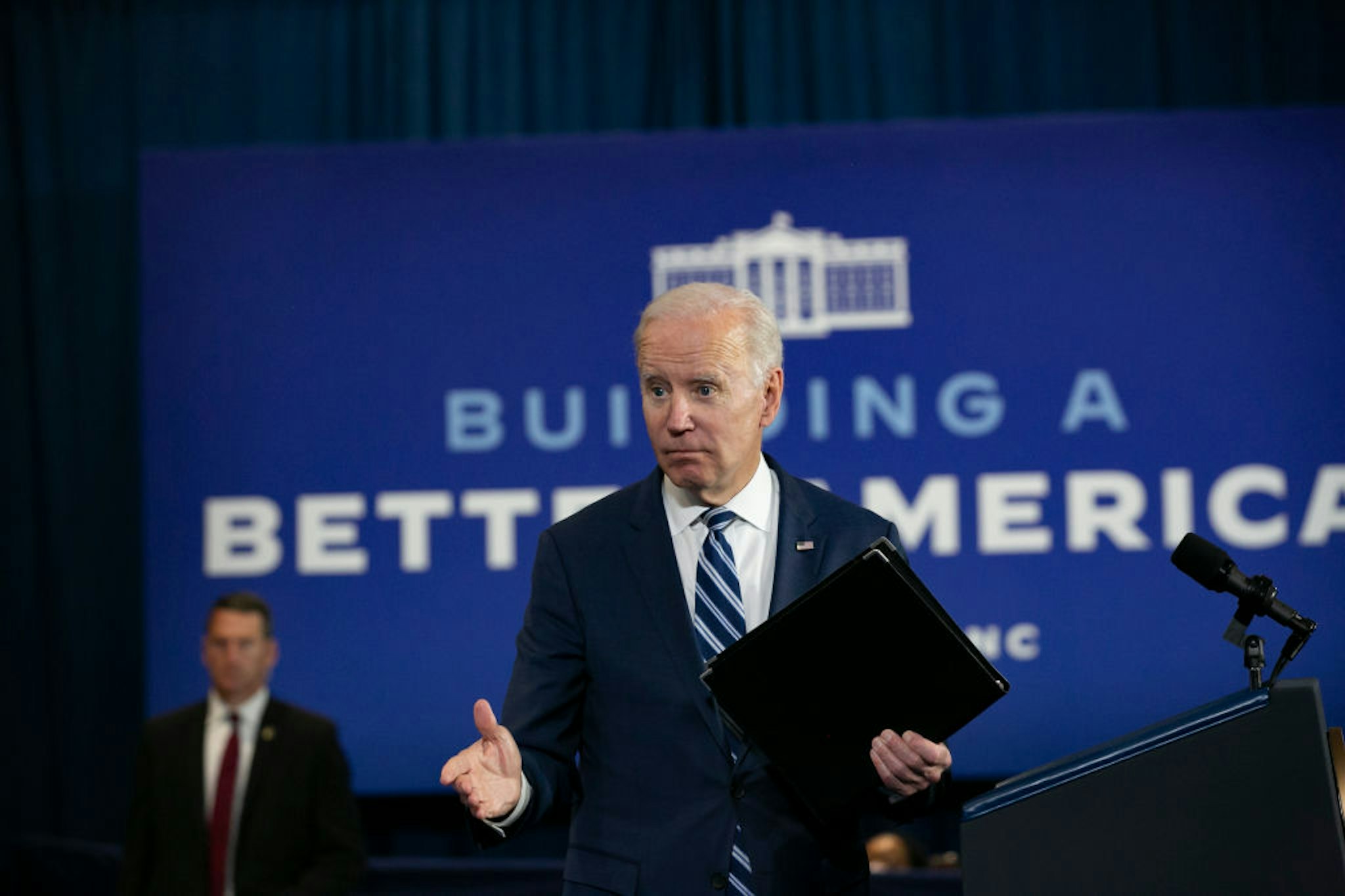 GREENSBORO, NC - APRIL 14: U.S. President Joe Biden speaks to guests during a visit to North Carolina Agricultural and Technical State University on April 14, 2022 in Greensboro, North Carolina. Biden was in North Carolina to discuss his administration's efforts to create manufacturing jobs and alleviate the impacts of inflation.