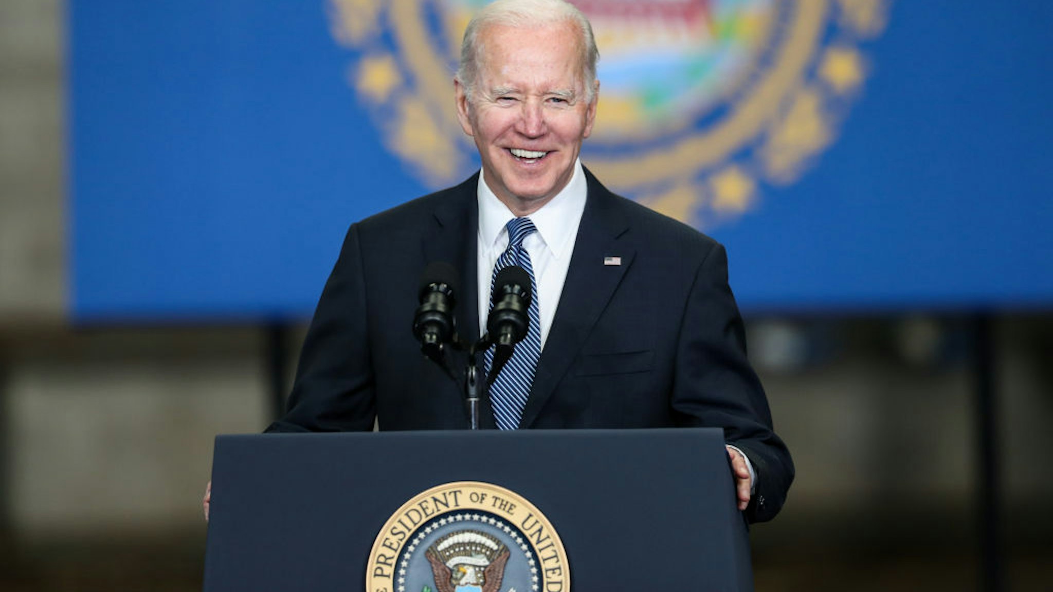 PORTSMOUTH, NH - APRIL 19: U.S. President Joe Biden delivers remarks on the bipartisan infrastructure law on April 19, 2022 in Portsmouth, New Hampshire. (Photo by Scott Eisen/Getty Images)