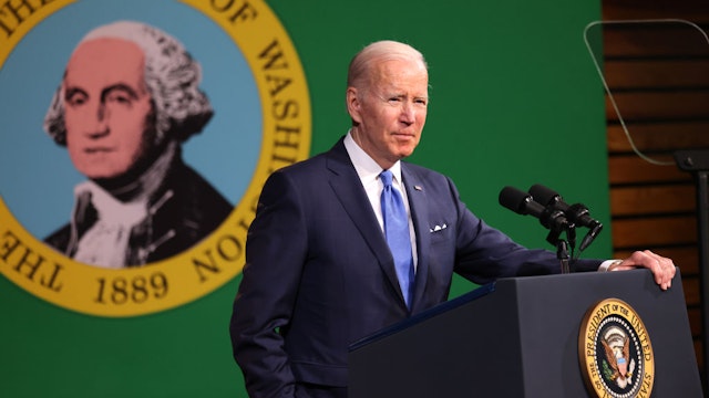 AUBURN, WA - APRIL 22: U.S. President Joe Biden speaks about the high cost of prescription drugs and child care at Green River College on April 22, 2022 in Auburn, Washington. Biden is on a multi-day trip to the Pacific Northwest, with stops in Portland and Seattle.