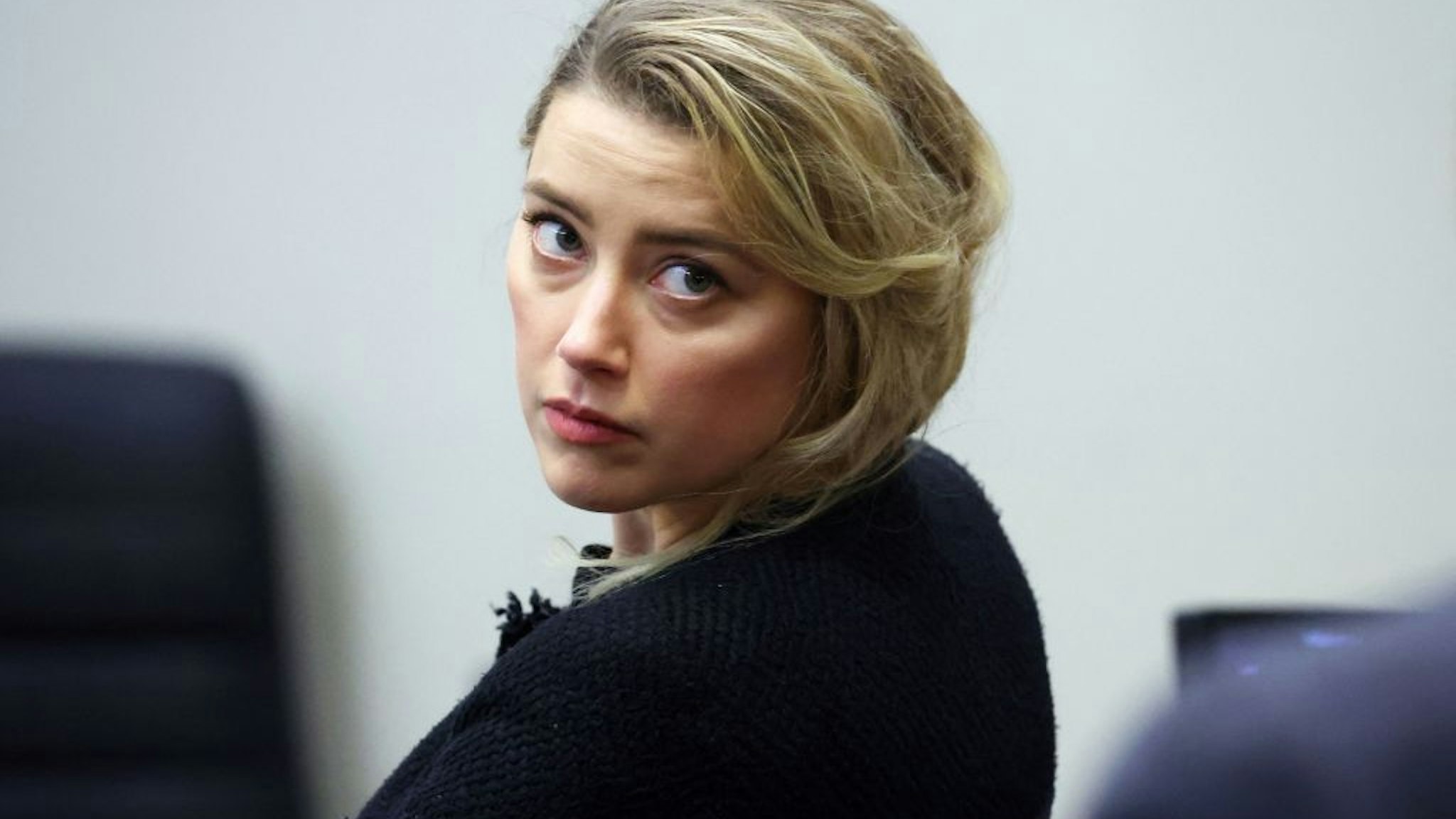 US actress Amber Heard during the 50 million US dollar Depp vs Heard defamation trial at the Fairfax County Circuit Court in Fairfax, Virginia, on April 28, 2022.