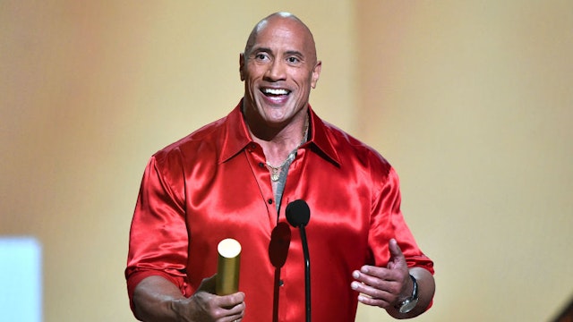 2021 PEOPLE'S CHOICE AWARDS -- Pictured: Honoree Dwayne Johnson accepts The People’s Champion of 2021 award on stage during the 2021 People's Choice Awards held at Barker Hangar on December 7, 2021 in Santa Monica, California.