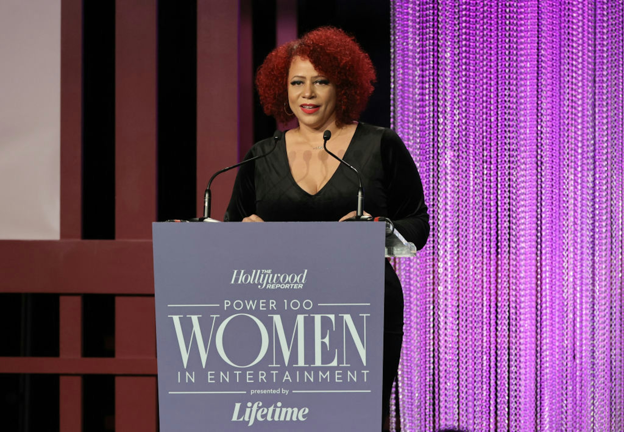 LOS ANGELES, CALIFORNIA - DECEMBER 08: Nikole Hannah-Jones speaks onstage at The Hollywood Reporter 2021 Power 100 Women in Entertainment, presented by Lifetime at Fairmont Century Plaza on December 08, 2021 in Los Angeles, California.