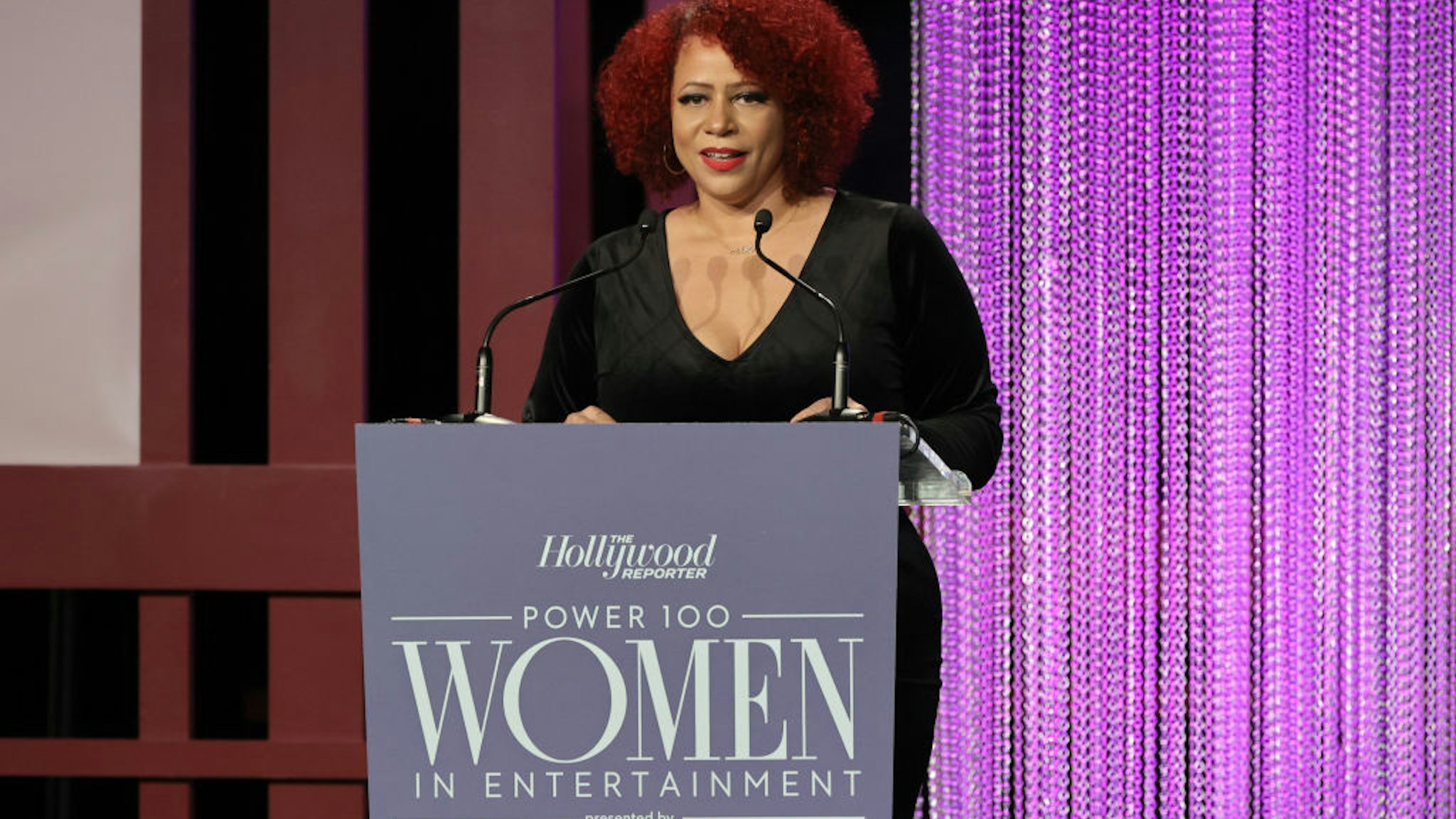 LOS ANGELES, CALIFORNIA - DECEMBER 08: Nikole Hannah-Jones speaks onstage at The Hollywood Reporter 2021 Power 100 Women in Entertainment, presented by Lifetime at Fairmont Century Plaza on December 08, 2021 in Los Angeles, California.