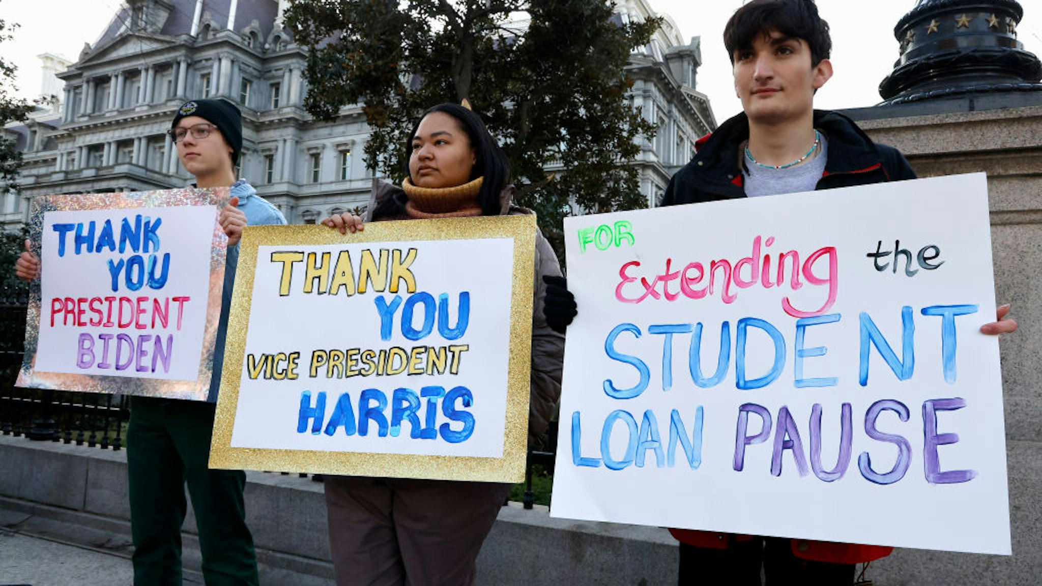 WASHINGTON, DC - JANUARY 13: Student loan borrowers and the Too Much Talent Band thank President Joe Biden and Vice President Kamala Harris for extending the student loan pause and now demand that they cancel student debt at a gathering outside The White House on January 13, 2022 in Washington, DC. (Photo by Paul Morigi/Getty Images for We, The 45 Million)