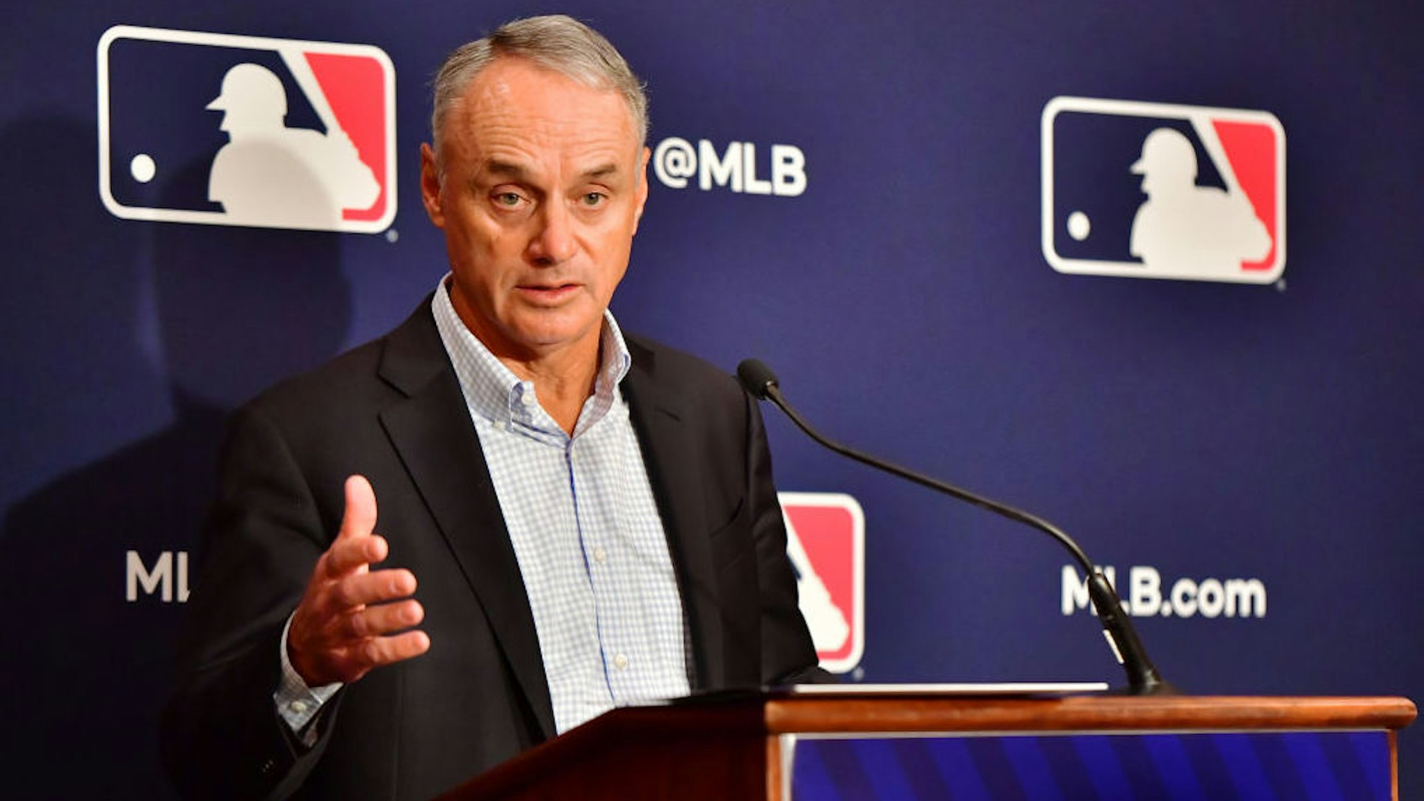 ORLANDO, FLORIDA - FEBRUARY 10: Major League Baseball Commissioner Rob Manfred answers questions during an MLB owner's meeting at the Waldorf Astoria on February 10, 2022 in Orlando, Florida. Manfred addressed the ongoing lockout of players, which owners put in place after the league's collective bargaining agreement ended on December 1, 2021. (Photo by Julio Aguilar/Getty Images)