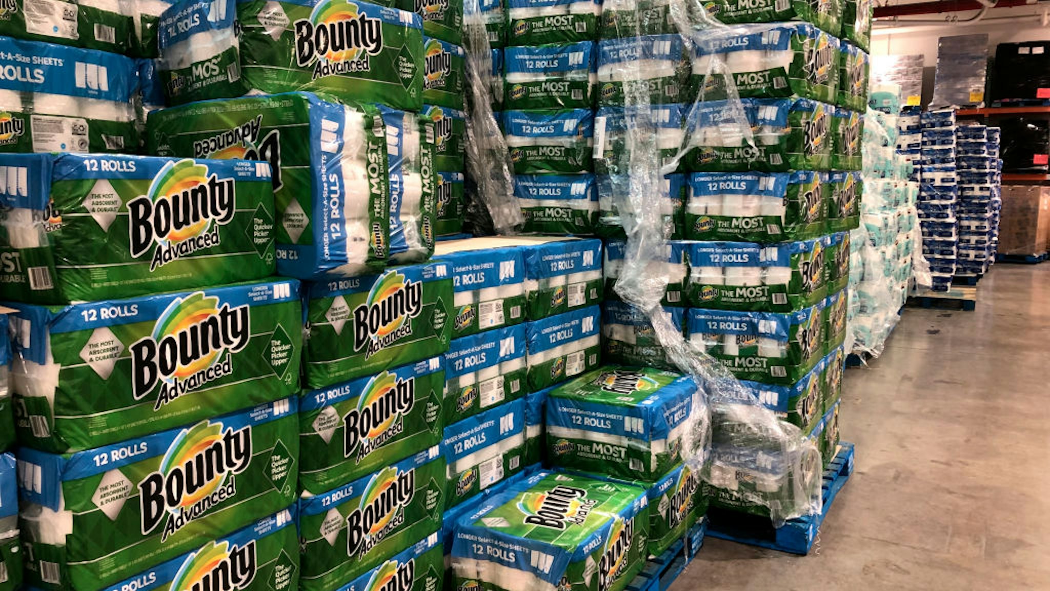 Large stacks of Bounty Paper Towels in Costco Store, Queens, New York. (Photo by: Lindsey Nicholson/UCG/Universal Images Group via Getty Images)