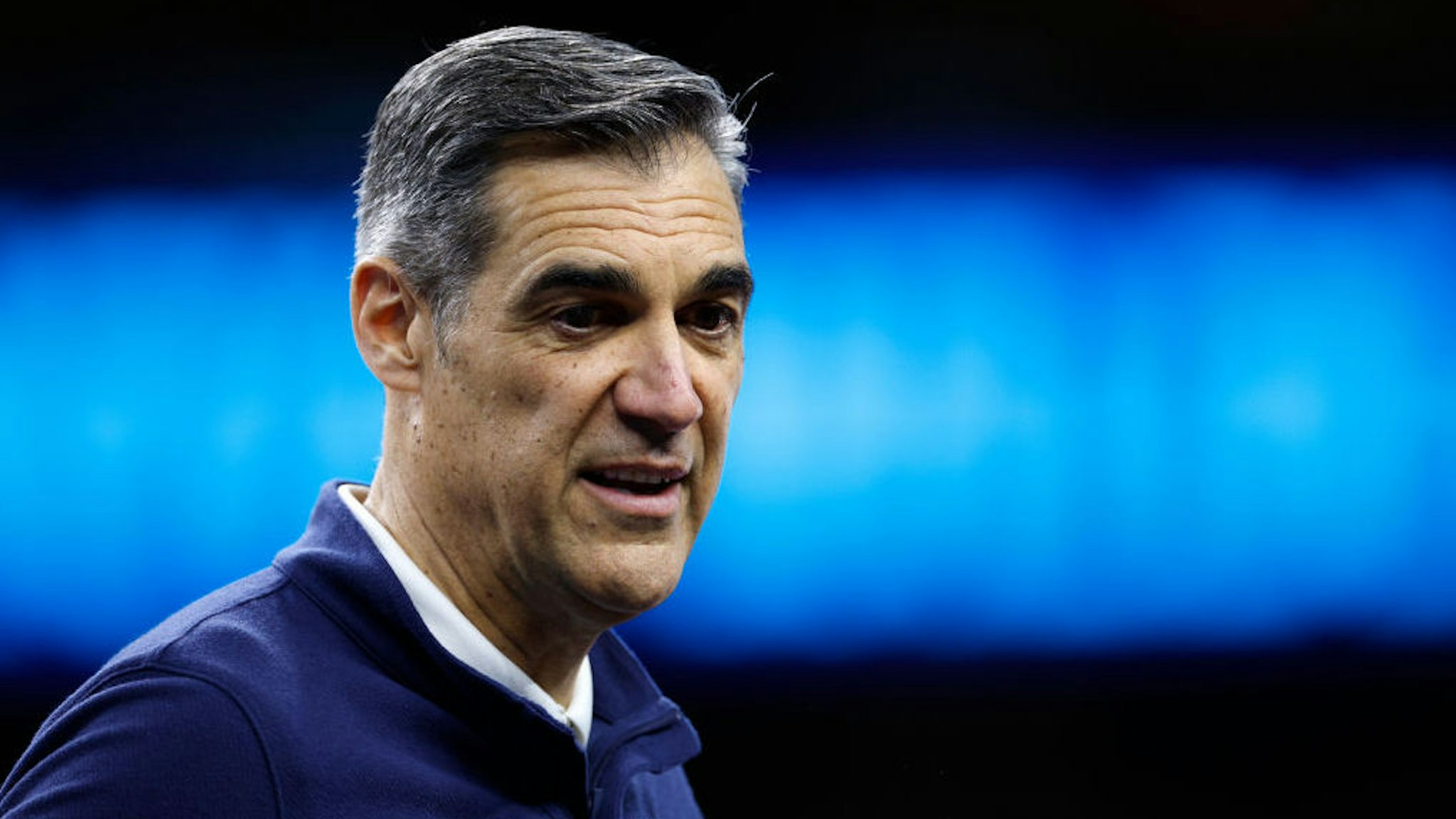 NEW ORLEANS, LOUISIANA - APRIL 01: Head coach Jay Wright of the Villanova Wildcats looks on during practice before the 2022 Men's Basketball Tournament Final Four at Caesars Superdome on April 01, 2022 in New Orleans, Louisiana. (Photo by Chris Graythen/Getty Images)