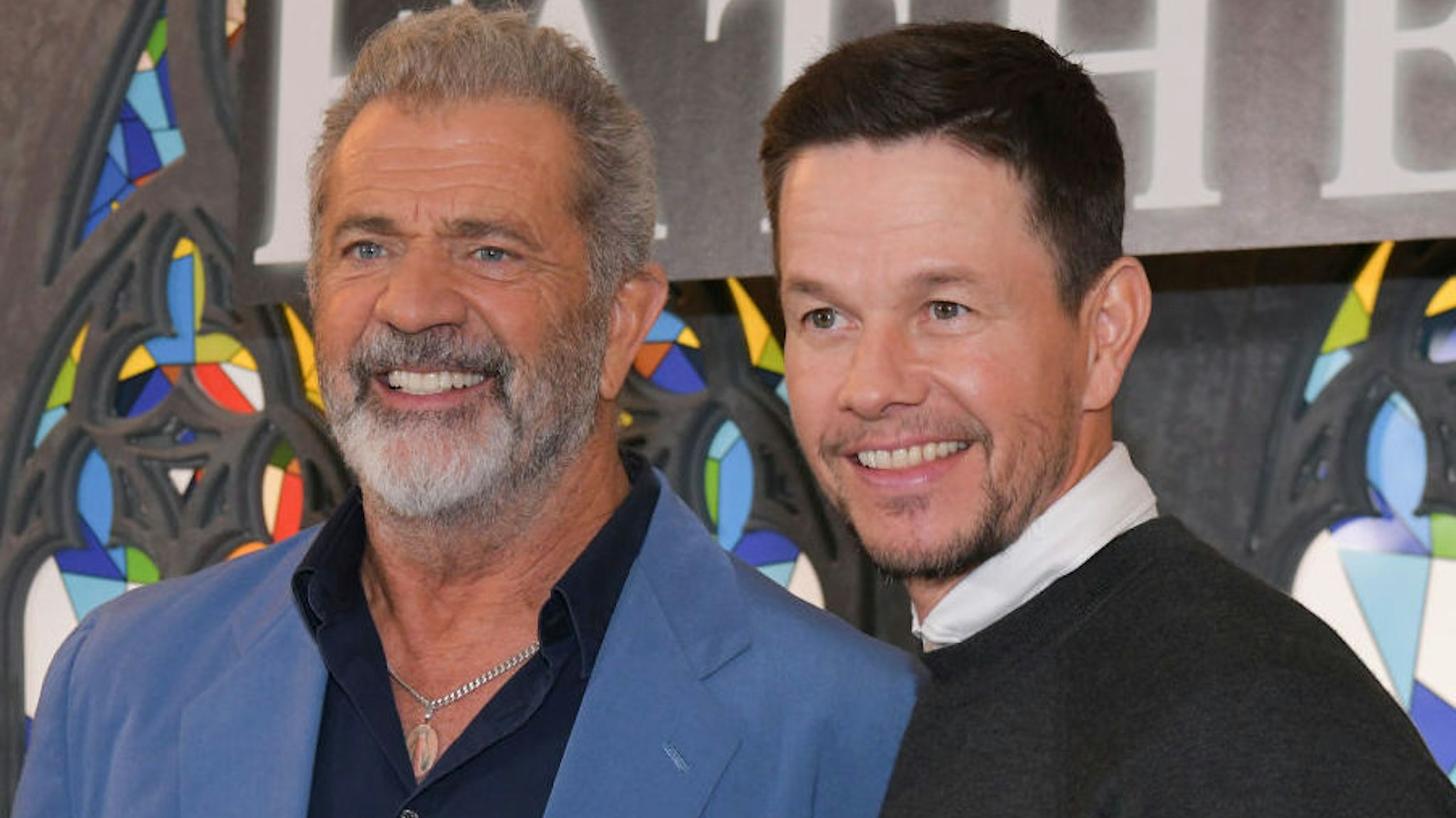 Mel Gibson and Mark Wahlberg attend Columbia Pictures' "Father Stu" Photo Call at The London West Hollywood at Beverly Hills on April 01, 2022 in West Hollywood, California.
