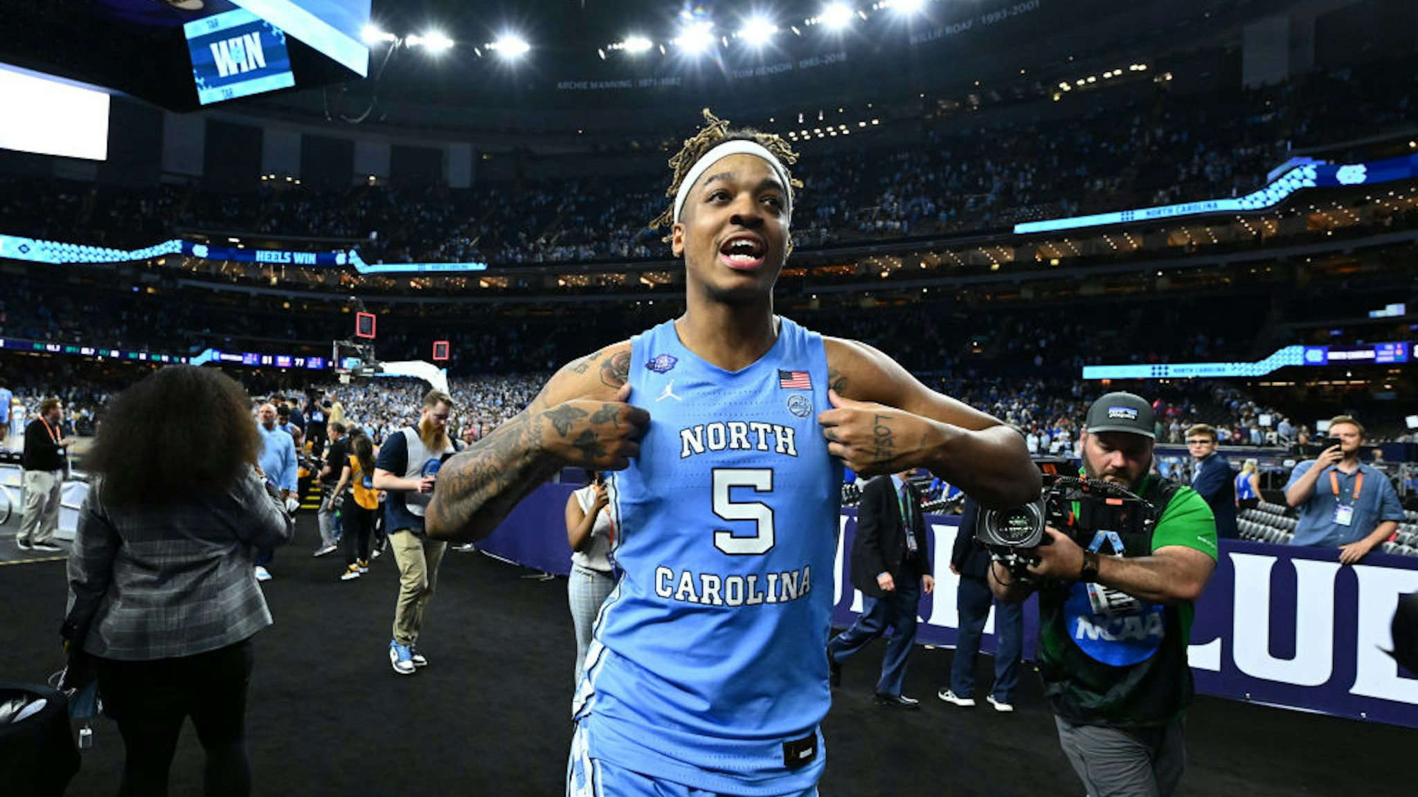 NEW ORLEANS, LOUISIANA - APRIL 02: Armando Bacot #5 of the North Carolina Tar Heels celebrates a win against the Duke Blue Devils during the second half in the semifinal game of the 2022 NCAA Men's Basketball Tournament Final Four at Caesars Superdome on April 02, 2022 in New Orleans, Louisiana. (Photo by Brett Wilhelm/NCAA Photos via Getty Images)