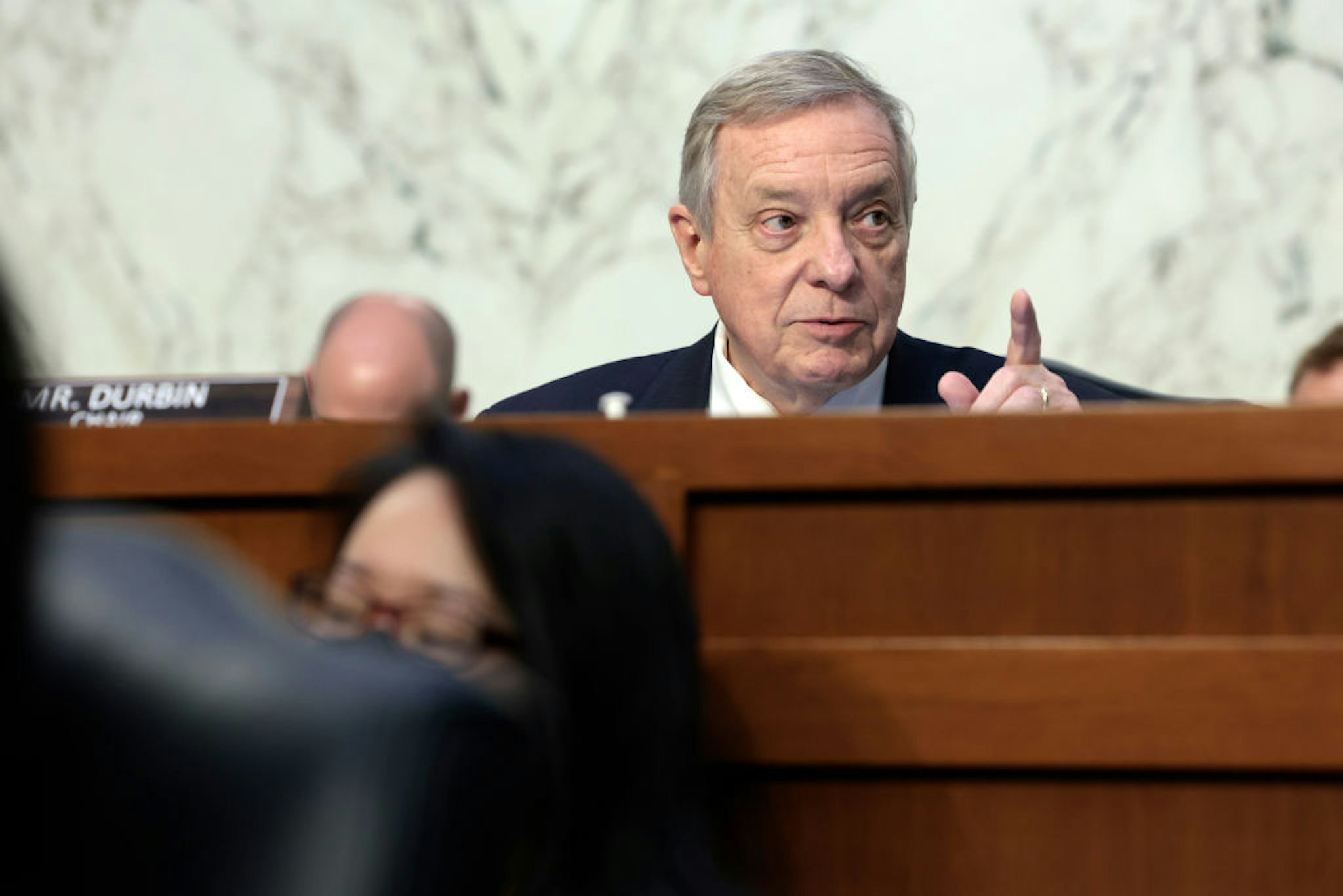 WASHINGTON, DC - APRIL 4: Committee chairman Sen. Dick Durbin (D-IL) listens during a Senate Judiciary Committee business meeting to vote on Supreme Court nominee Judge Ketanji Brown Jackson on Capitol Hill, April 4, 2022 in Washington, DC. A confirmation vote from the full Senate will come later this week. (Photo by Anna Moneymaker/Getty Images).