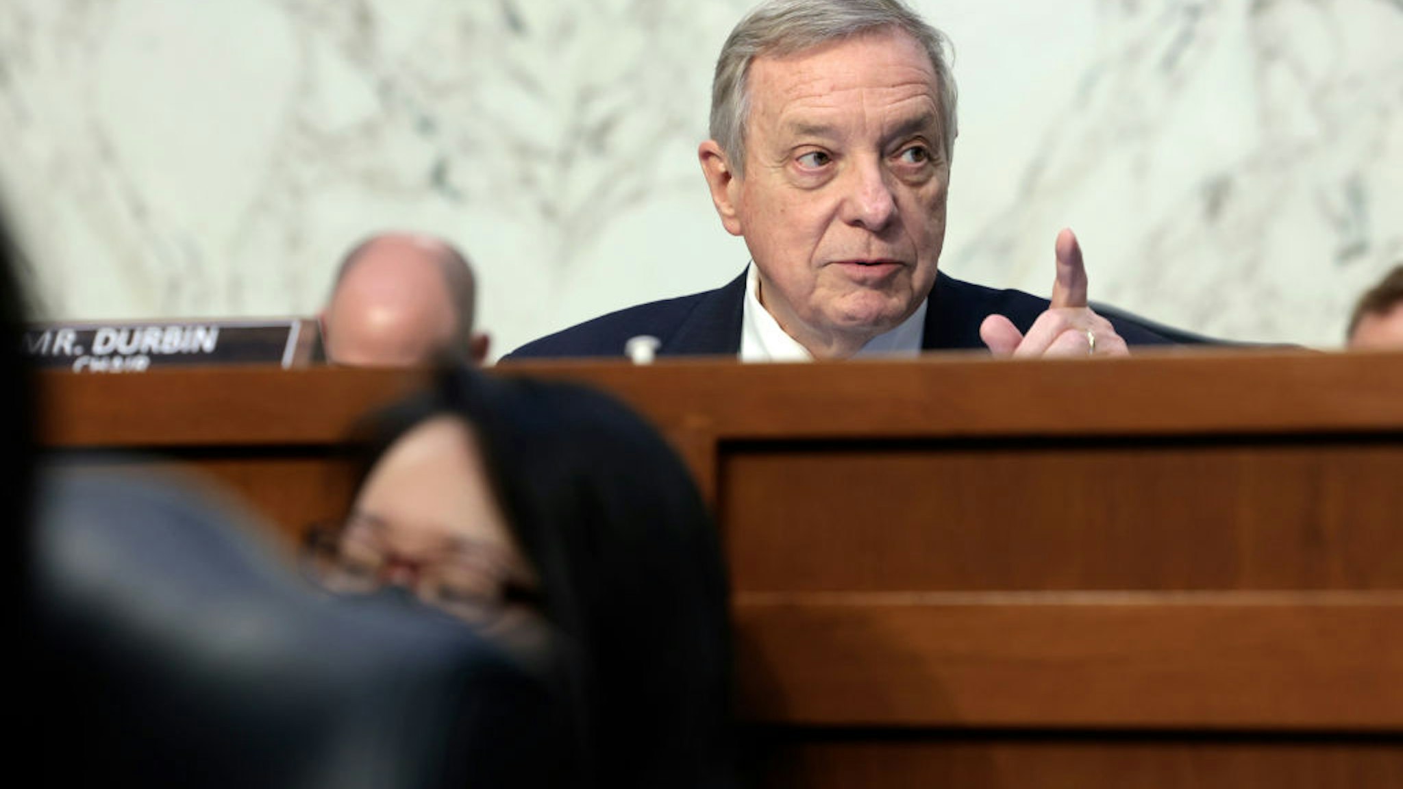 WASHINGTON, DC - APRIL 4: Committee chairman Sen. Dick Durbin (D-IL) listens during a Senate Judiciary Committee business meeting to vote on Supreme Court nominee Judge Ketanji Brown Jackson on Capitol Hill, April 4, 2022 in Washington, DC. A confirmation vote from the full Senate will come later this week. (Photo by Anna Moneymaker/Getty Images).
