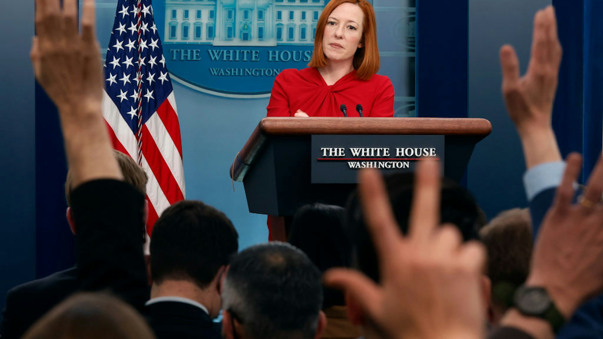 WASHINGTON, DC - APRIL 04: White House Press Secretary Jen Psaki talks to reporters during the daily news conference in the Brady Press Briefing Room at the White House on April 04, 2022 in Washington, DC. National Security Advisor Jake Sullivan answered reporters’ questions earlier in the briefing about the United States' ongoing support for the people of Ukraine in the face of the month-long Russian invasion. (Photo by Chip Somodevilla/Getty Images)