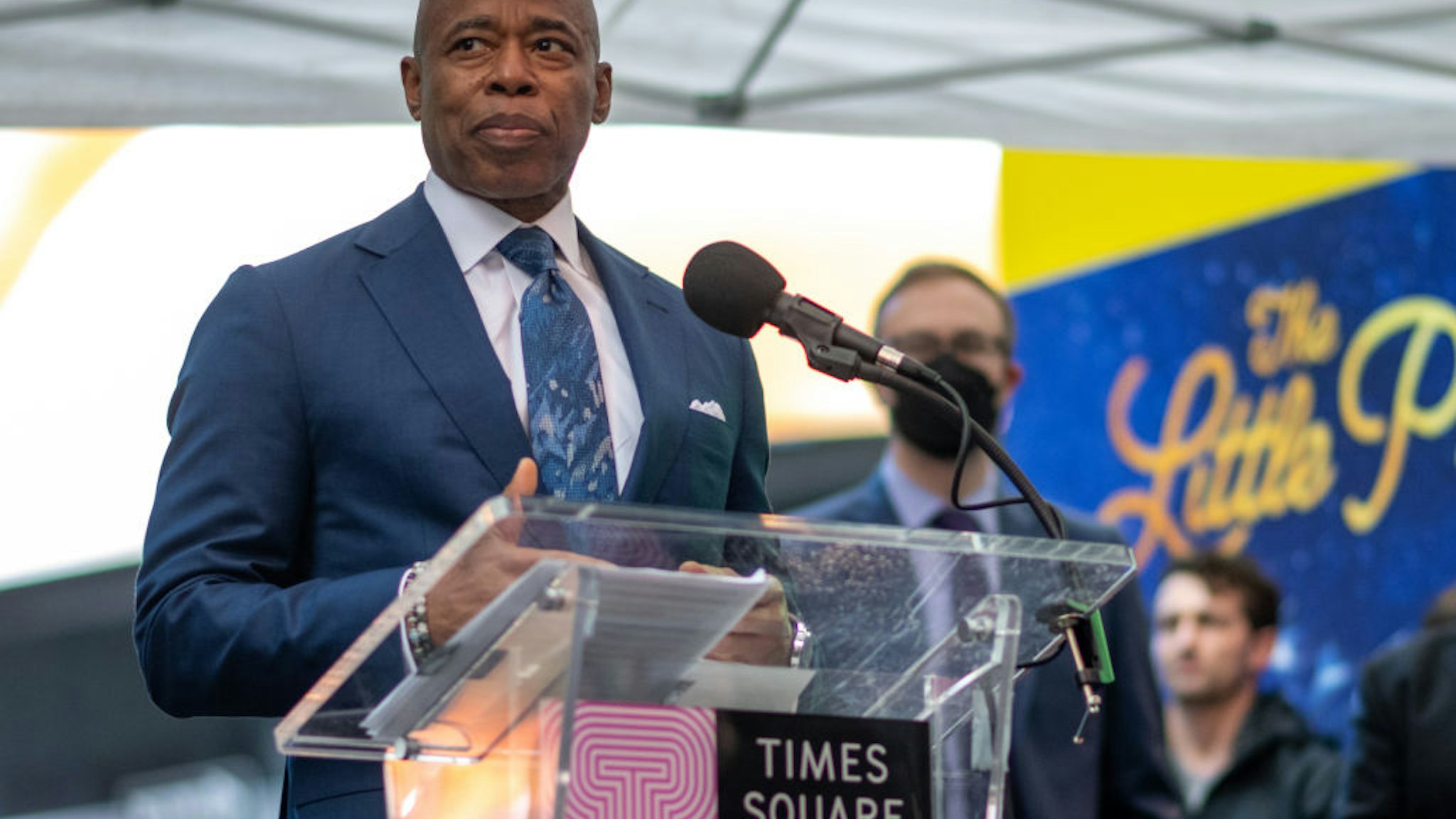 New York City Mayor Eric Adams speaks during the unveiling at The Broadway Grand Gallery in Times Square on April 07, 2022 in New York City. Twenty-one playbill monoliths are on display at ten feet tall, six feet wide and three feet deep. The gallery will be on display until June 15th.