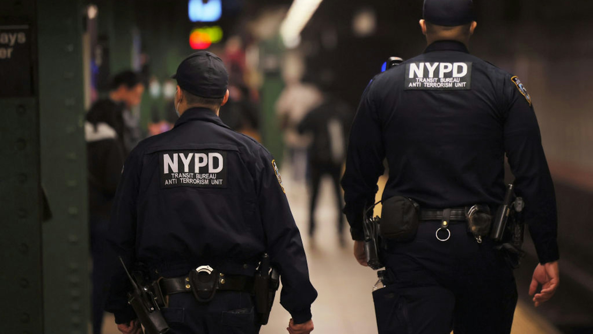 NYPD officers patrol the subway platform at the Atlantic Avenue subway station on April 13, 2022 in the Sunset Park neighborhood of Brooklyn in New York City.