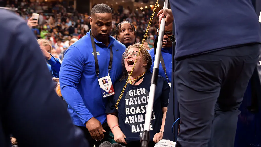 Protester Chains Herself To Basket During Game One Of Memphis-Minnesota Playoff Series