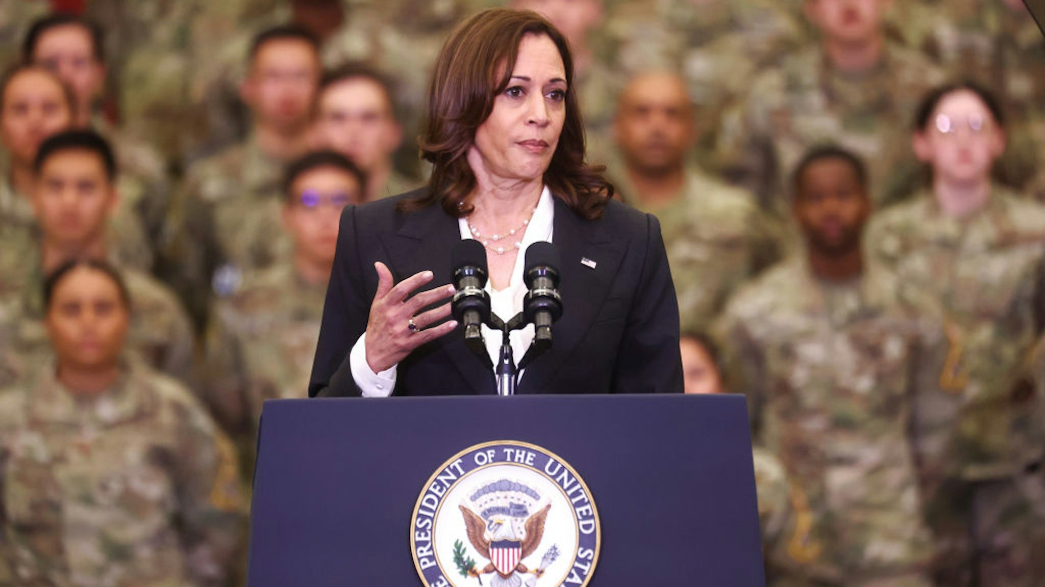 LOMPOC, CALIFORNIA - APRIL 18: U.S. Vice President Kamala Harris delivers remarks to members of Vandenberg Space Force Base at Vandenberg Space Force Base on April 18, 2022 in Lompoc, California. Harris delivered the remarks after meeting with members of the U.S. Space Force and U.S. Space Command as part of her duties as chair of the National Space Council. (Photo by Mario Tama/Getty Images)