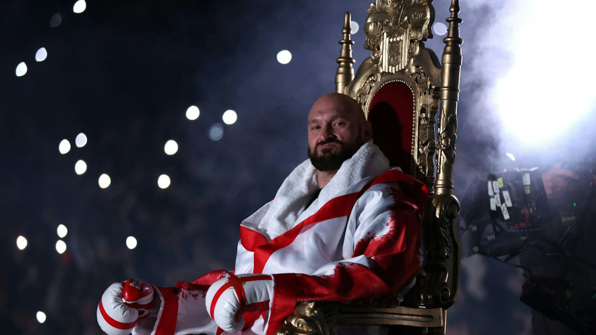 LONDON, ENGLAND - APRIL 23: Tyson Fury sits on his throne before entering the ring prior to the WBC World Heavyweight Title Fight between Tyson Fury and Dillian Whyte at Wembley Stadium on April 23, 2022 in London, England. (Photo by Julian Finney/Getty Images)