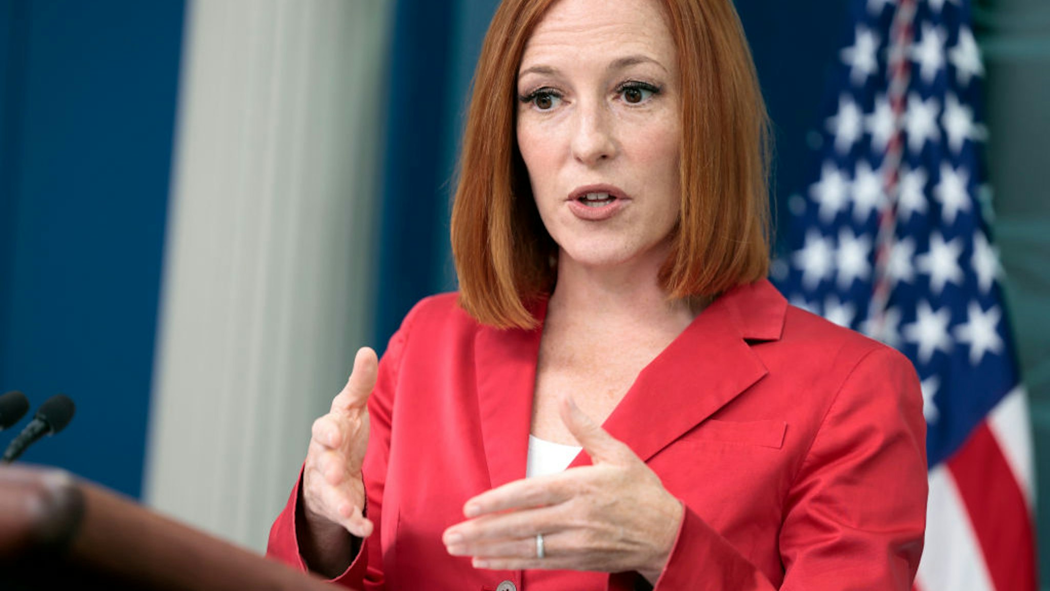 WASHINGTON, DC - APRIL 25: White House Press Secretary Jen Psaki speaks during a daily briefing in the James Brady Press Briefing Room of the White House on April 25, 2022 in Washington, DC. Psaki spoke on a range of topics including further COVID-19 relief legislation and reports of Elon Musk's acquisition of Twitter. (Photo by Anna Moneymaker/Getty Images)