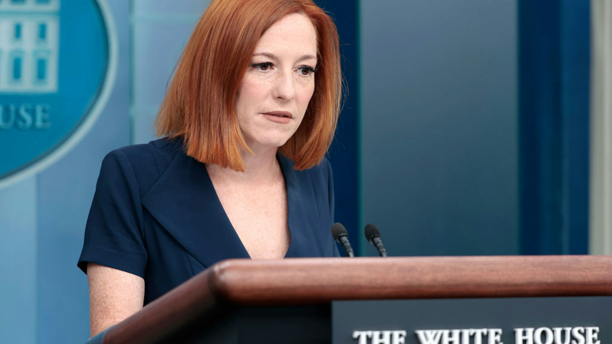WASHINGTON, DC - APRIL 28: White House Press Secretary Jen Psaki speaks at a daily press conference in the James Brady Press Briefing Room of the White House on April 28, 2022 in Washington, DC. During the briefing Psaki took questions on U.S. President Joe Biden's possible future student loan forgiveness legislation and President Biden's request for further aid for Ukraine from Congress. (Photo by Anna Moneymaker/Getty Images)