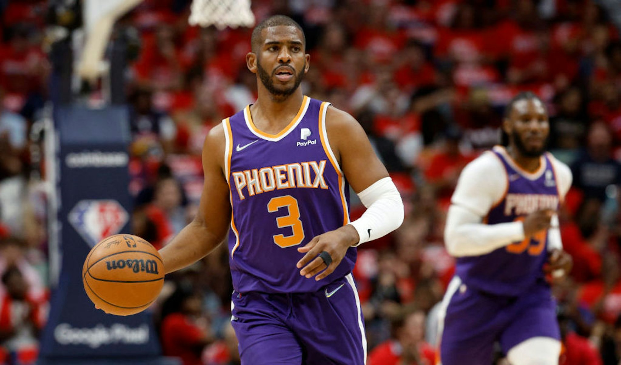 NEW ORLEANS, LOUISIANA - APRIL 28: Chris Paul #3 of the Phoenix Suns drives the ball up the court against the New Orleans Pelicans at Smoothie King Center on April 28, 2022 in New Orleans, Louisiana. NOTE TO USER: User expressly acknowledges and agrees that, by downloading and or using this Photograph, user is consenting to the terms and conditions of the Getty Images License Agreement. (Photo by Chris Graythen/Getty Images)