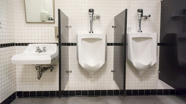 Urinals await customers in a restroom in New York on Sunday, March 6, 2016 .