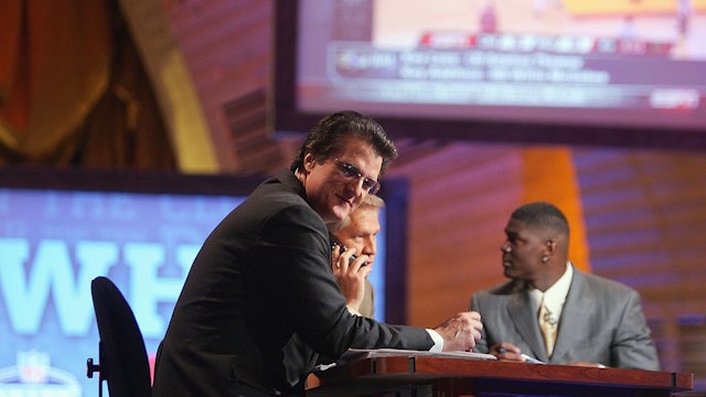 NEW YORK - APRIL 28: Mel Kiper, Chris Mortensen and Keyshawn Johnson broadcast for ESPN during the 2007 NFL Draft on April 28, 2007 at Radio City Music Hall in New York, New York. (Photo by Chris McGrath/Getty Images)