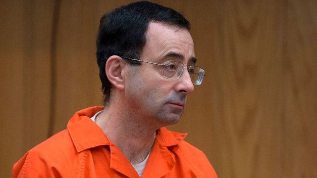 Former Michigan State University and USA Gymnastics doctor Larry Nassar appears in court for his final sentencing phase in Eaton County Circuit Court on February 5, 2018 in Charlotte, Michigan. / AFP PHOTO / RENA LAVERTY (Photo credit should read RENA LAVERTY/AFP via Getty Images)