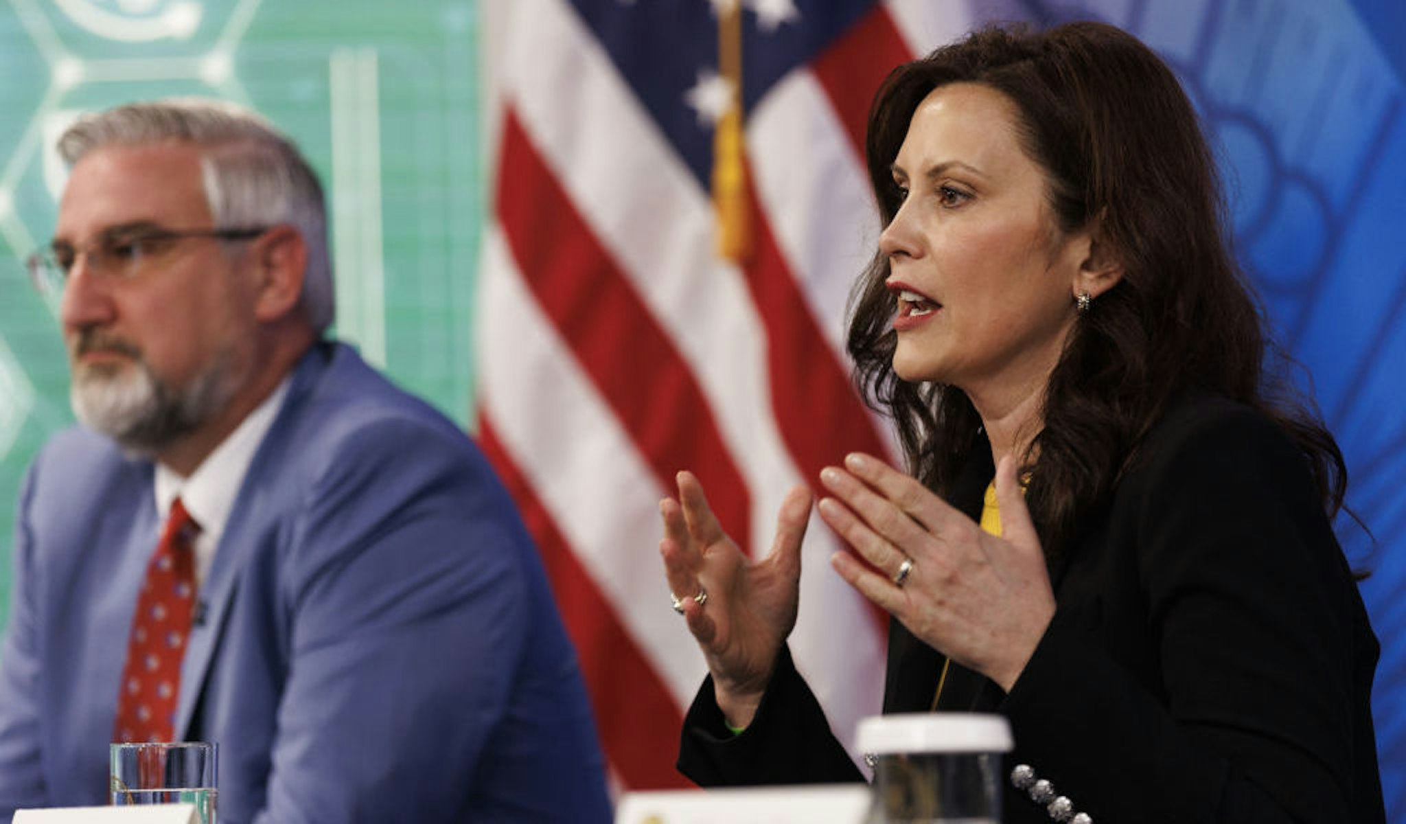 Gretchen Whitmer, governor of Michigan, speaks during a meeting with U.S. President Joe Biden, business leaders and governors in the Eisenhower Executive Office Building in Washington, D.C., U.S., on Wednesday, March 9, 2022. The Biden administration's long-awaited executive order for government agencies to take a closer look at issues surrounding the crypto market is being celebrated by industry participants despite it lacking a clear path on possible regulation. Photographer: Ting Shen/Bloomberg