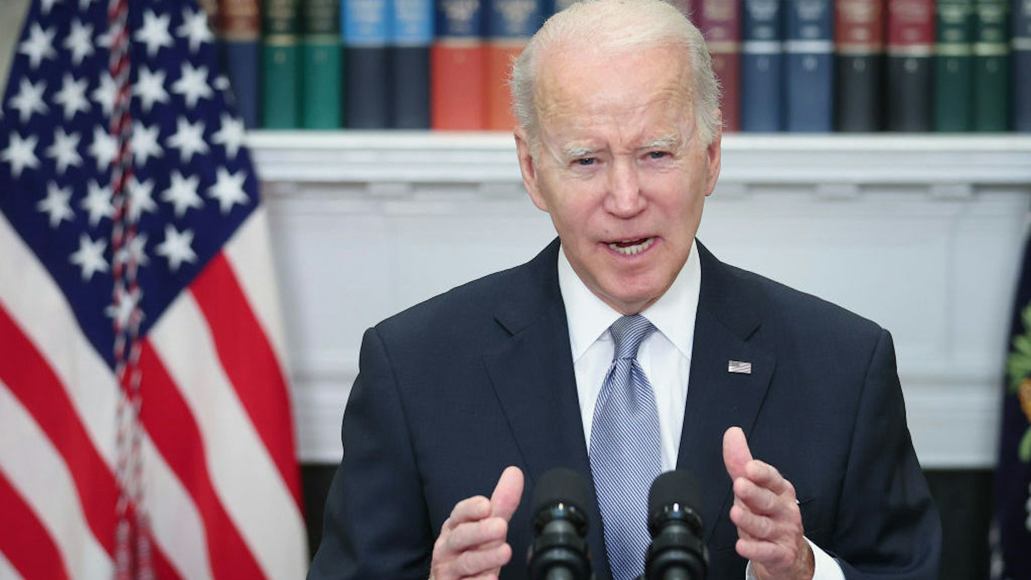 WASHINGTON, DC - APRIL 21: U.S. President Joe Biden delivers remarks on Russia and Ukraine from the Roosevelt Room of the White House April 21, 2022 in Washington, DC. Biden announced an additional $800 million in military aid to Ukraine during his remarks. (Photo by Win McNamee/Getty Images)