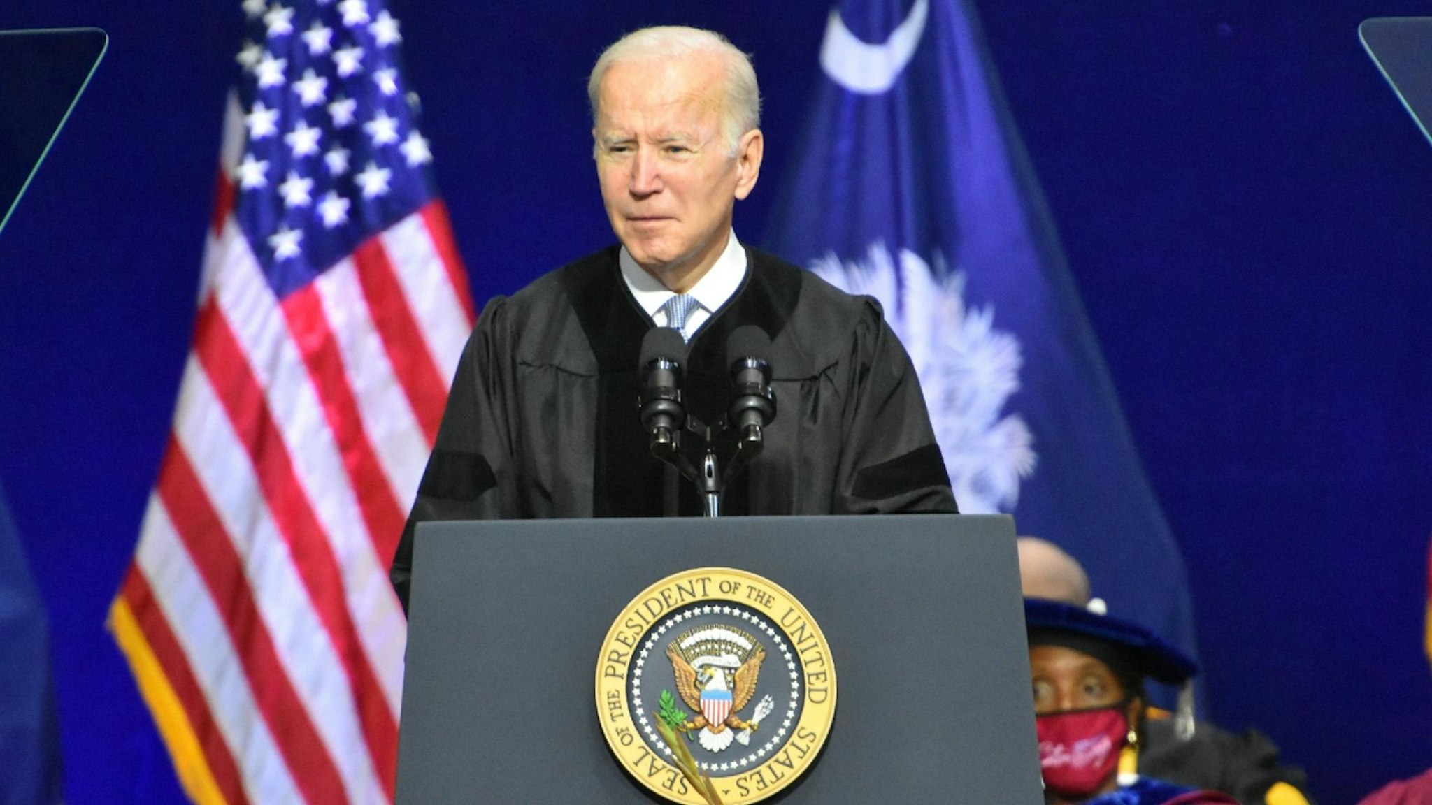 ORANGEBURG, SOUTH CAROLINA, USA - DECEMBER 17: U.S President Joe Biden delivers remarks at South Carolina State Universityâs 2021 Fall Commencement Ceremony in Orangeburg, SC, United States on December 17, 2021.